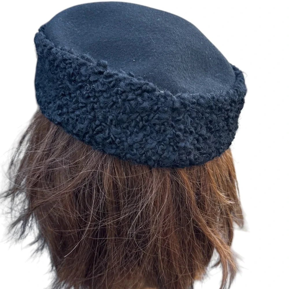 Vintage Black Pillbox Hat Rhinestone Brooch Faux Persian Lamb Trim Mid Century